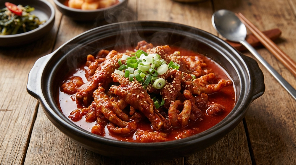 엽떡 국물무뼈닭발의 쫄깃한 식감을 보여주는 클로즈업 사진, 빨간 매콤한 국물에 담긴 부드러운 무뼈닭발