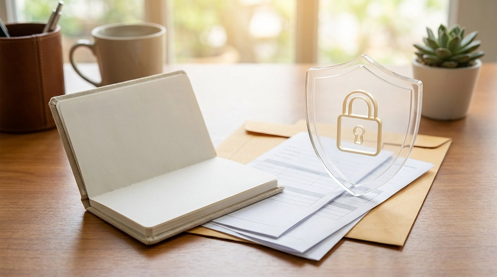 깔끔한 나무 책상 위에 놓인 은행 통장과 금융 보호를 상징하는 방패 아이콘, 생계비계좌 압류방지통장의 안전성 개념