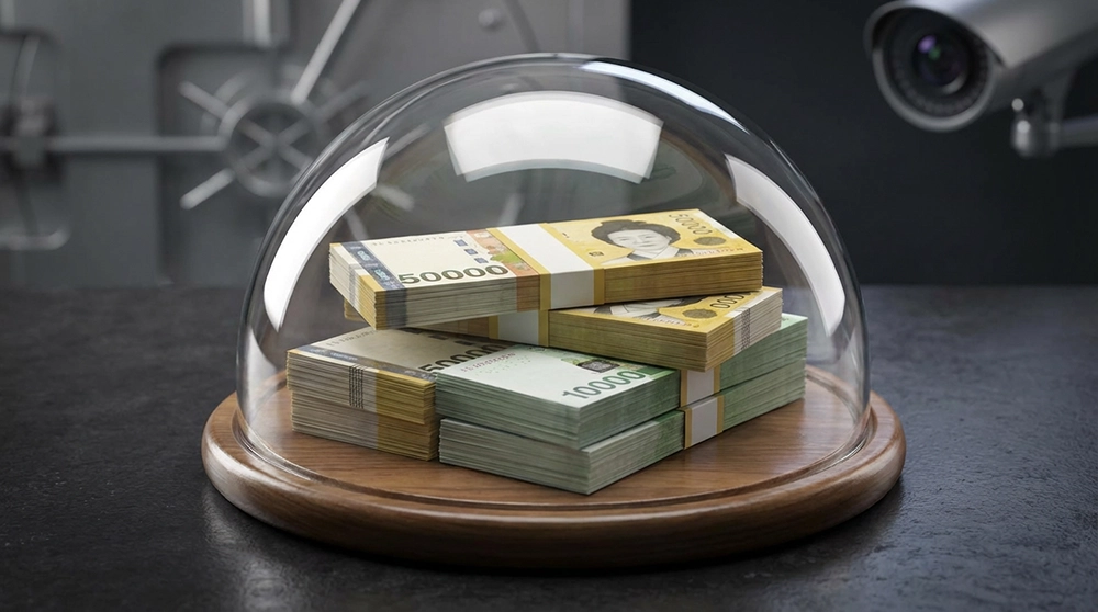 유리 돔으로 보호되고 있는 250만원 상당의 대한민국 원화 지폐, 압류방지통장 한도 보호 개념을 상징하는 금융 보안 이미지