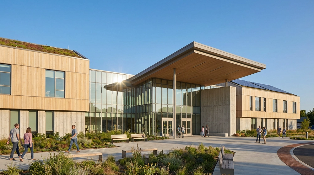 주민센터와 정부 관공서 건물 외관으로 출생신고 신청 장소를 나타내는 깔끔한 현대식 건축물