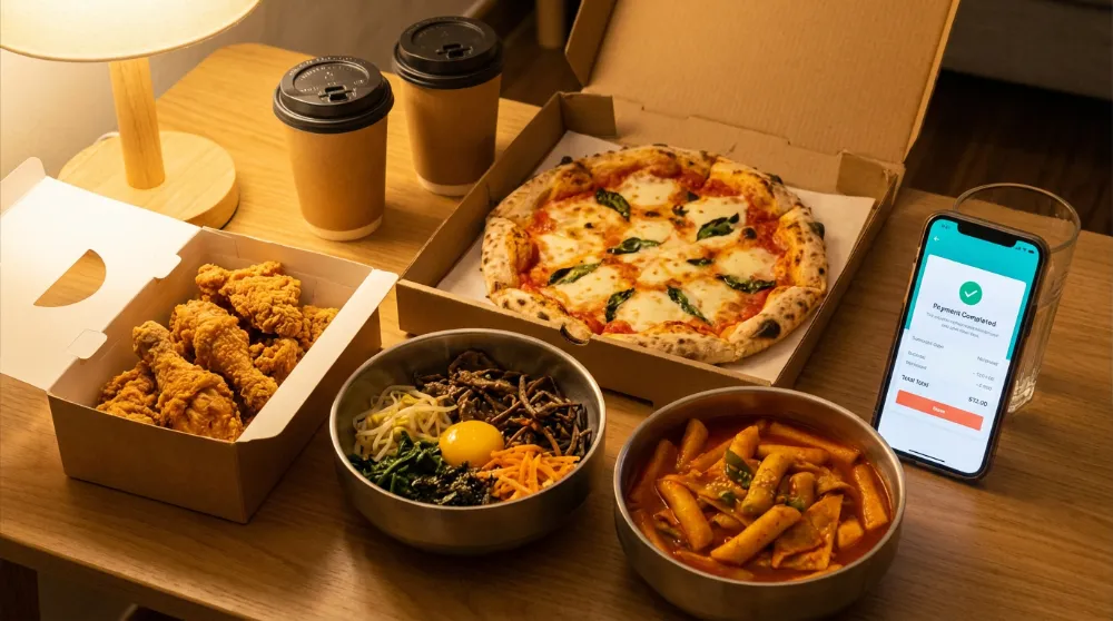 패스오더 지원금으로 결제한 다양한 배달 음식, 치킨과 피자 한식 메뉴와 커피가 테이블 위에 놓인 모습, 스마트폰에 결제 완료 화면 표시
