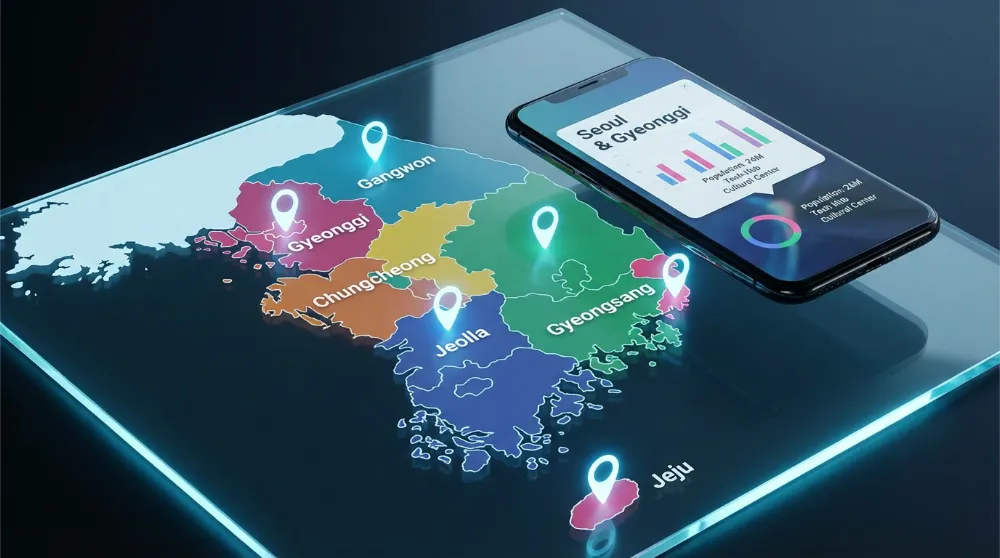 대한민국 지도에 지역별 패스오더 배달비 지원금 정보가 표시된 모습, 스마트폰으로 각 지역 혜택을 확인하는 인포그래픽 스타일