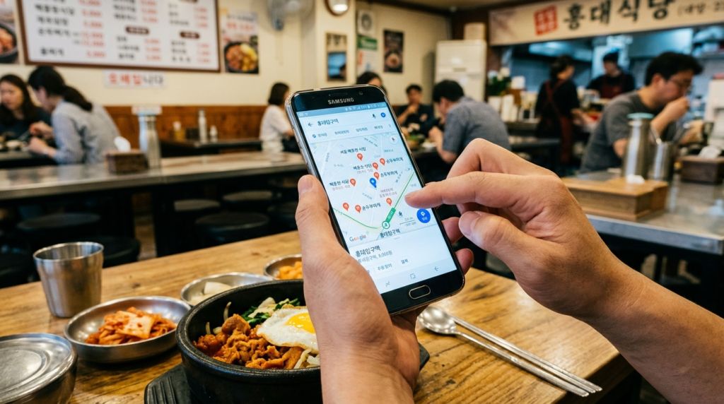 스마트폰으로 거지맵 지도 앱 보며 1만 원 이하 가게 찾는 모습