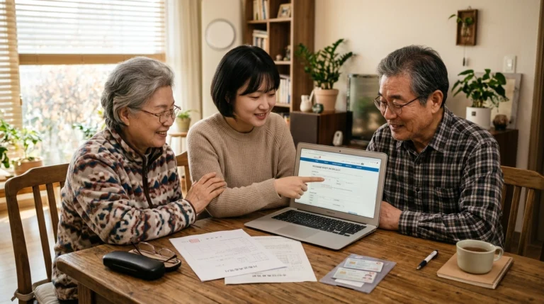 30대 자녀가 60-70대 부모님과 함께 식탁에서 노트북으로 건보공단 사이트 보는 장면