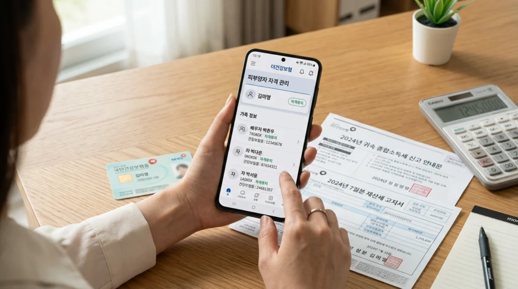 스마트폰으로 더건강보험 앱 피부양자 자격 화면 확인