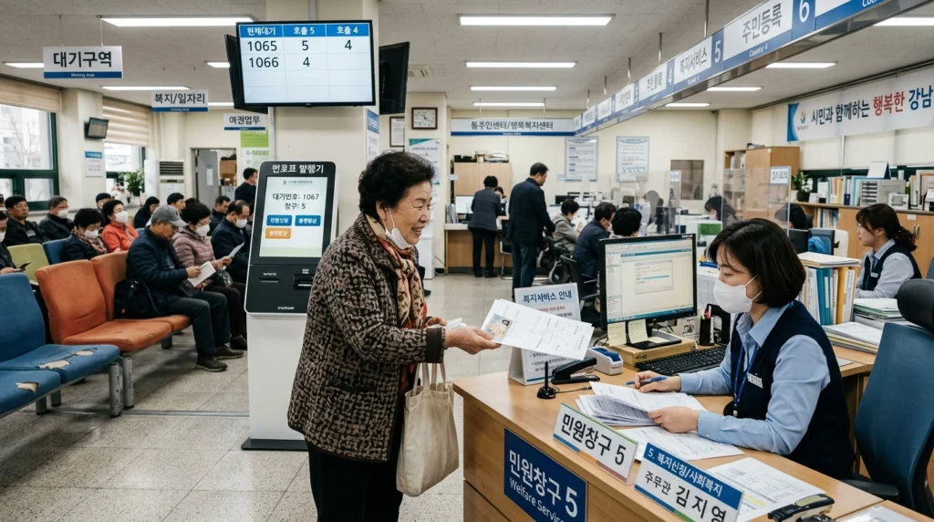 행정복지센터 민원 창구에서 서류 제출하는 시민