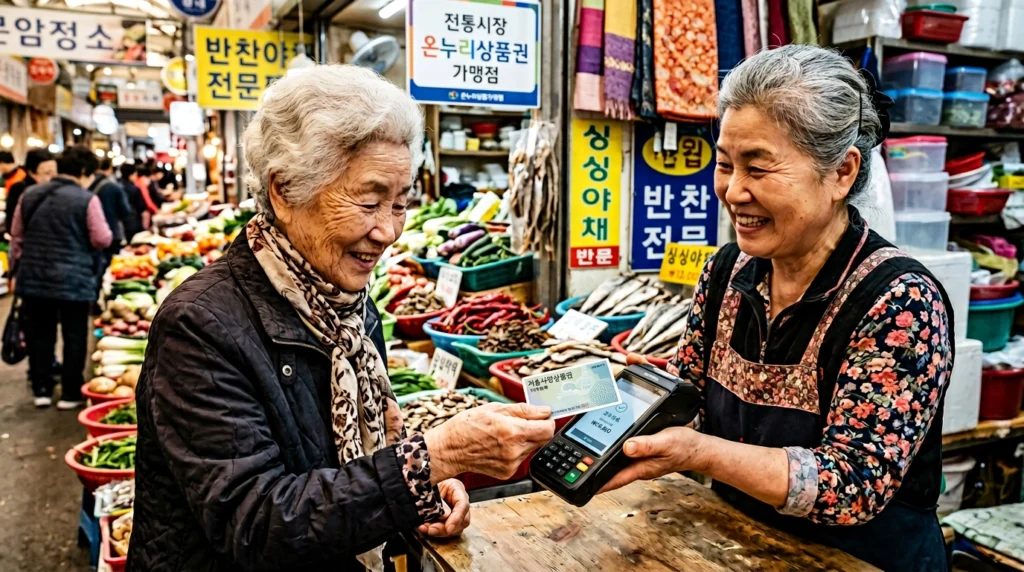 전통시장에서 지역화폐 카드로 결제하는 모습