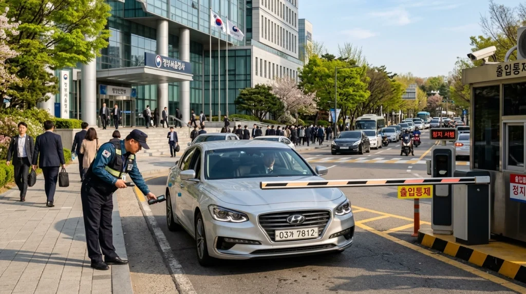정부청사 정문에서 승용차 번호판 확인하는 경비원