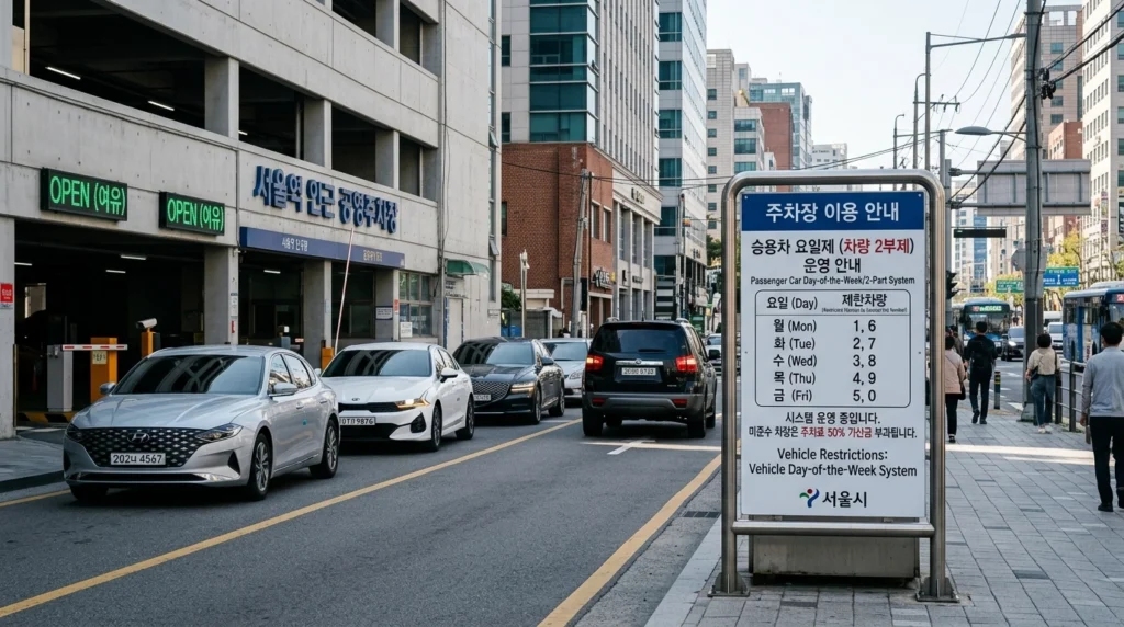 공영주차장 승용차 5부제 안내판과 대기 차량