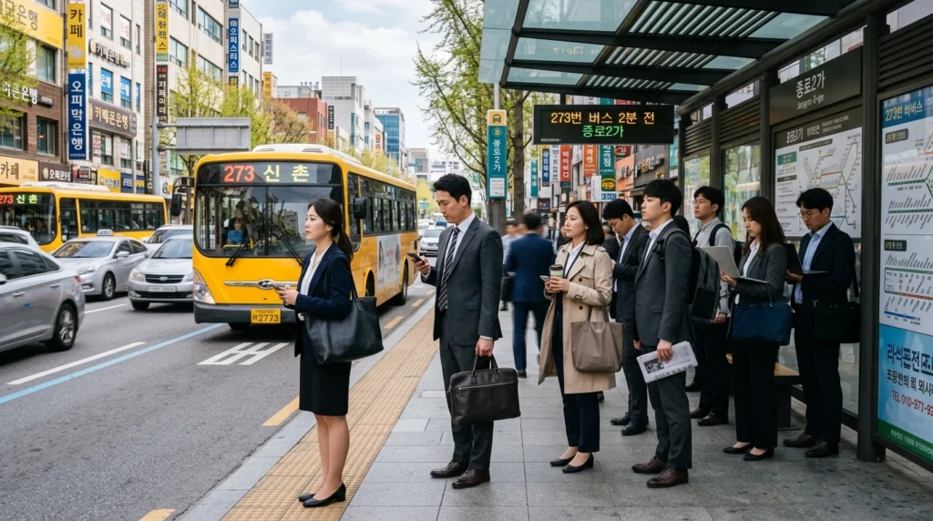 출근 시간대 버스 정류장에서 대중교통 기다리는 직장인들