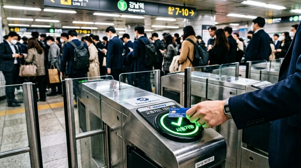 서울 지하철 개찰구에서 교통카드 태그하는 출근 직장인 손
