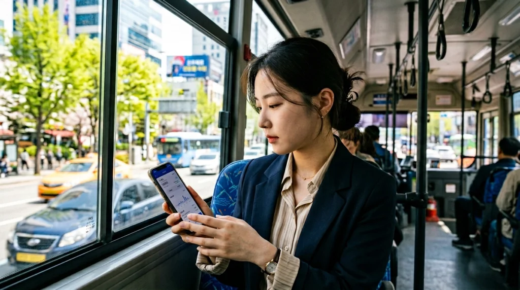 버스 창가 좌석에서 K패스 앱 환급 내역 확인하는 청년