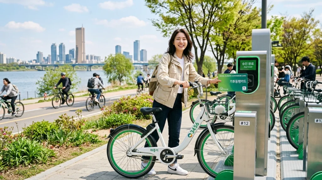 한강공원 따릉이 거치대에서 자전거 꺼내며 기후동행카드 드는 여성