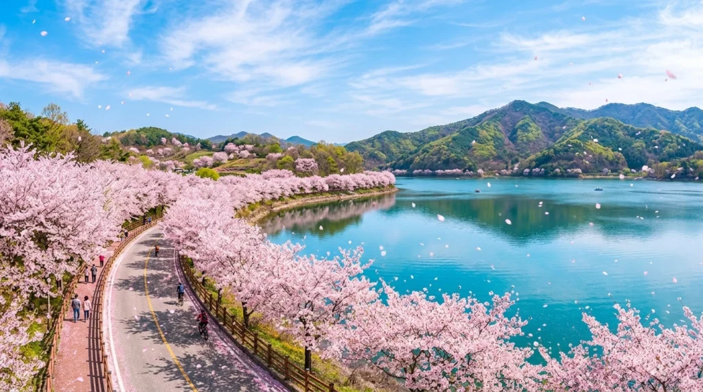 록색 호숫가를 따라 펼쳐진 분홍 벚꽃 터널
