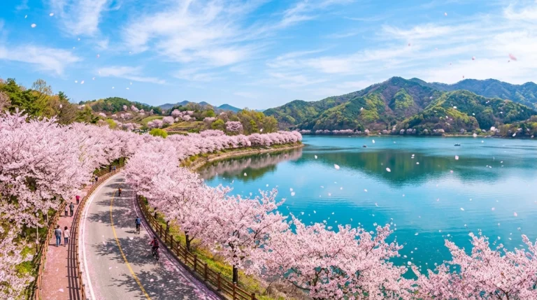 록색 호숫가를 따라 펼쳐진 분홍 벚꽃 터널