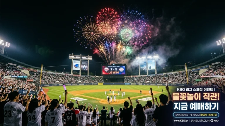 야구장 위로 펼쳐진 화려한 불꽃놀이 2026 불꽃야구 티켓 예매 오픈