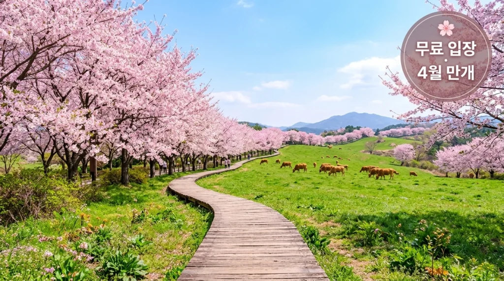 넓은 초록 초지 위 나무 데크 산책로