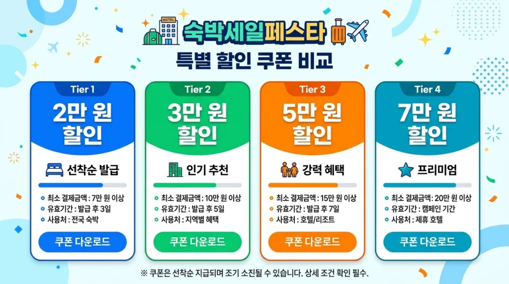 숙박세일페스타 할인 카드 4개 할인 등급 카드 나란히 배치