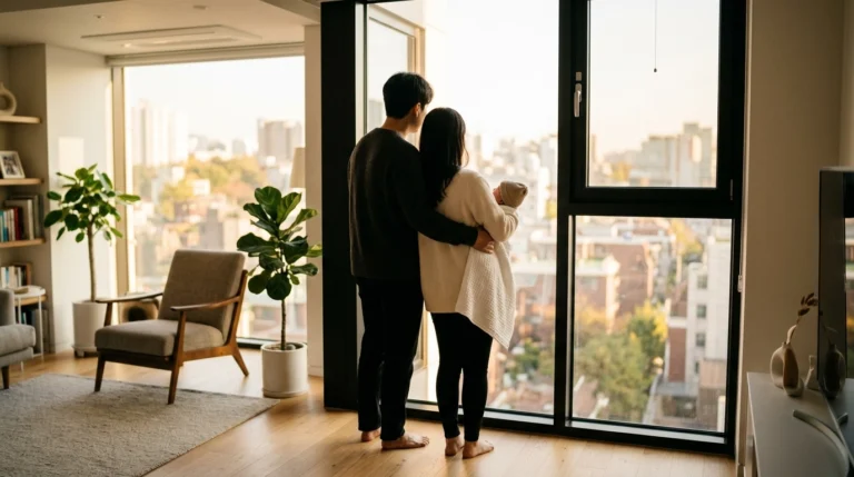 신생아를 안고 새 아파트 창가에서 밖을 내다보는 젊은 부부 뒷모습