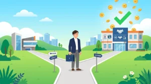 서류가방 든 사람이 갈림길에 서 있는 모습