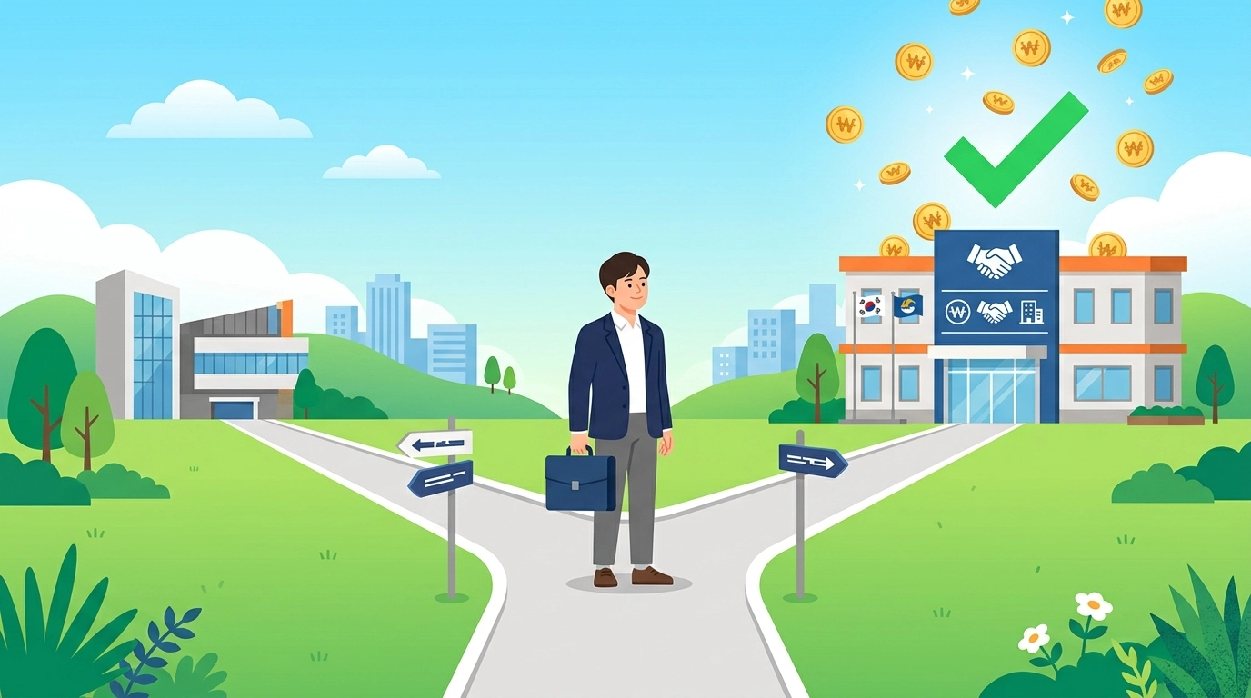 서류가방 든 사람이 갈림길에 서 있는 모습