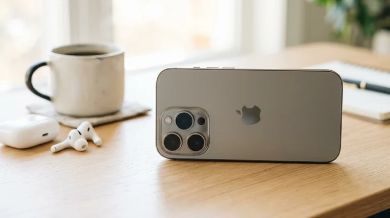 애플 로고와 트리플 카메라 모듈이 보이는 아이폰 뒷면 클로즈업