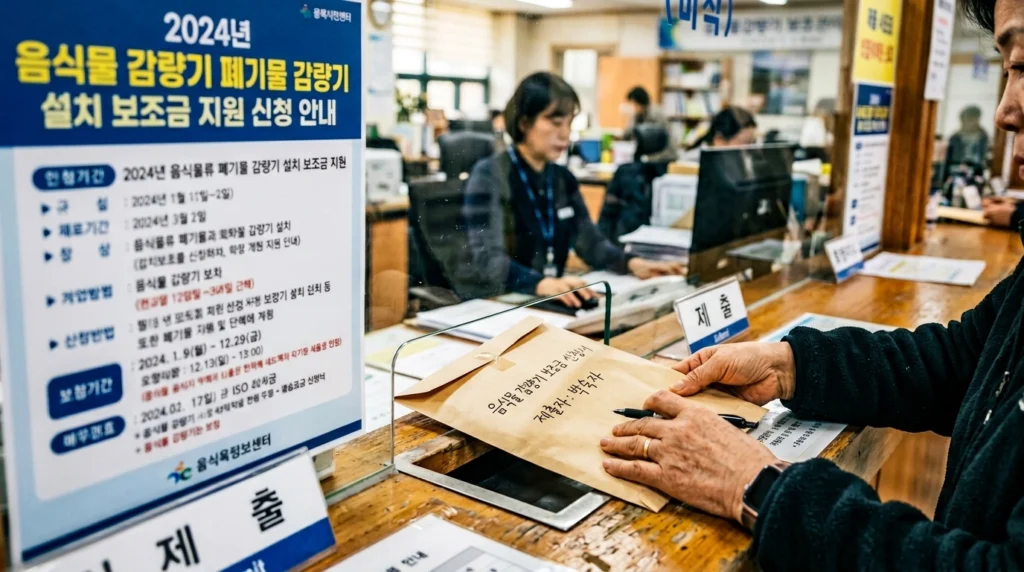 주민센터에서 음식물 감량기 보조금 서류 제출하는 모습