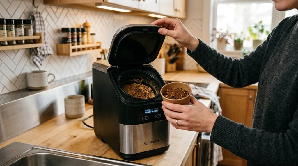 음식물처리기 건조 부산물 확인하는 장면