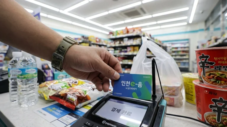편의점 계산대에서 인천e음 카드로 결제하는 손 클로즈업
