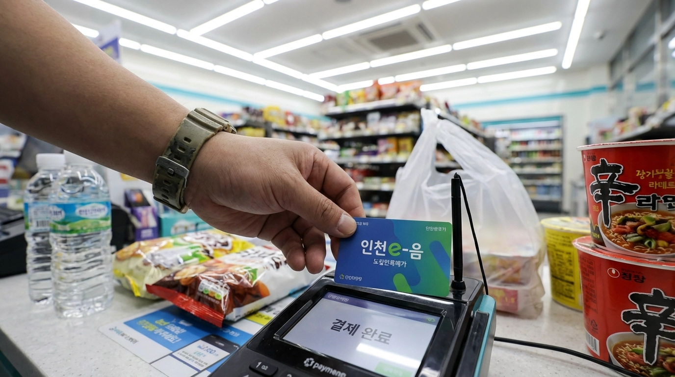 편의점 계산대에서 인천e음 카드로 결제하는 손 클로즈업