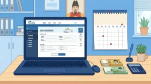 노트북에 홈택스 화면 + 5월 달력 + 지폐와 계산기