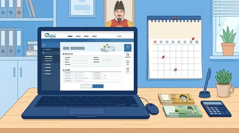 노트북에 홈택스 화면 + 5월 달력 + 지폐와 계산기