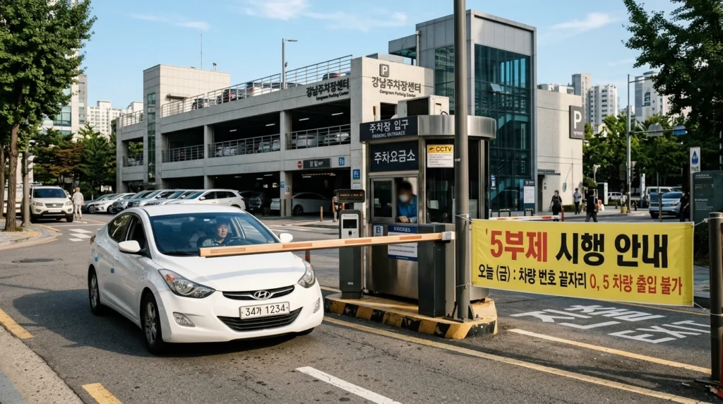 공영주차장 입구 차단기 앞 대기 차량과 5부제 안내 현수막