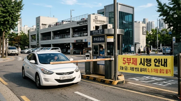 공영주차장 입구 차단기 앞 대기 차량과 5부제 안내 현수막