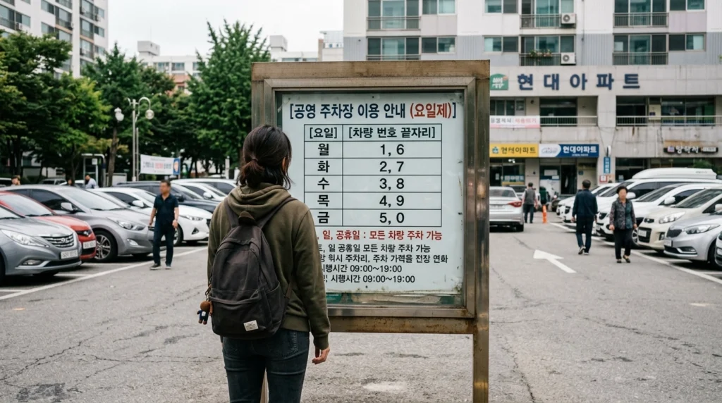 공영주차장 요일별 끝자리 제한 안내판 읽는 시민 뒷모습