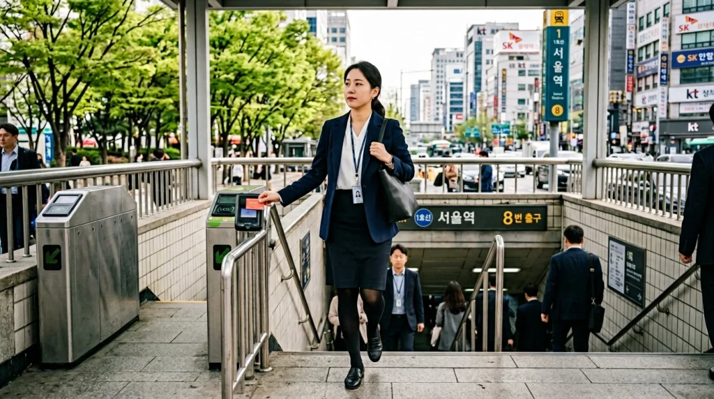 출근 시간 지하철역 입구로 교통카드 들고 내려가는 직장인