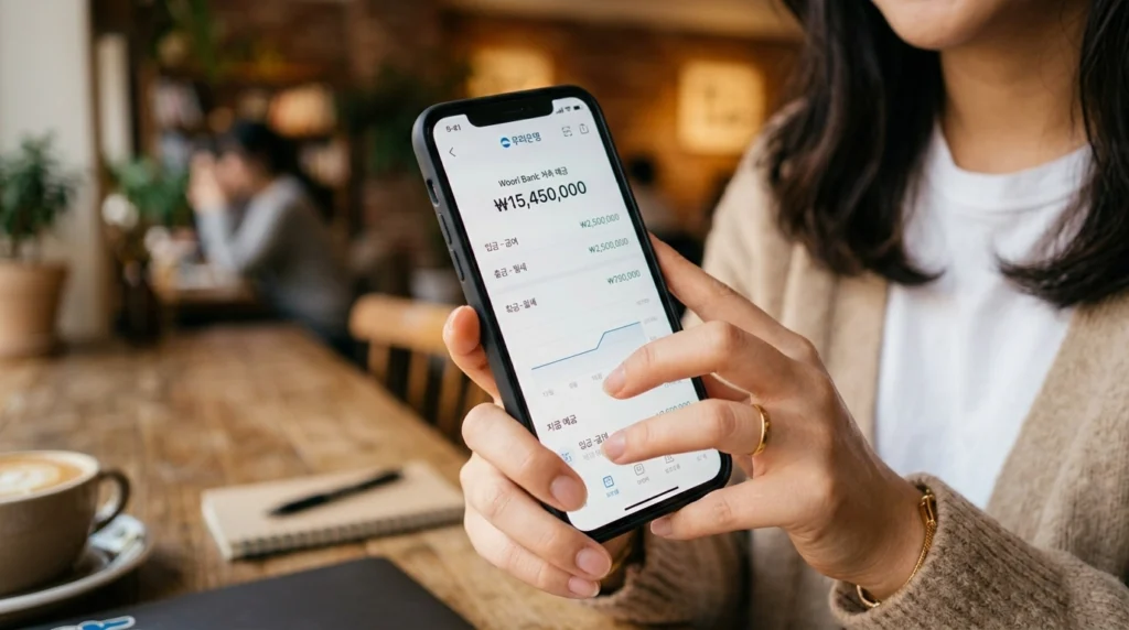 카페에서 스마트폰 은행 적금 앱 확인하는 20대 청년 손 클로즈업
