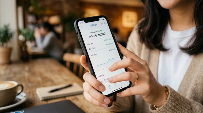 카페에서 스마트폰 은행 적금 앱 확인하는 20대 청년 손 클로즈업