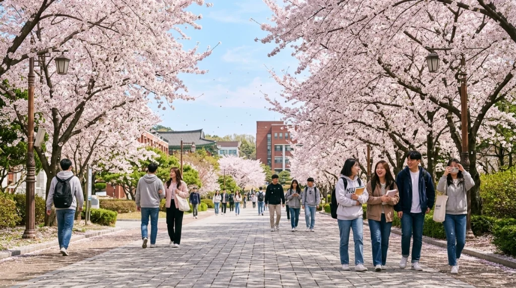분홍 벚꽃 터널이 덮인 캠퍼스 산책로