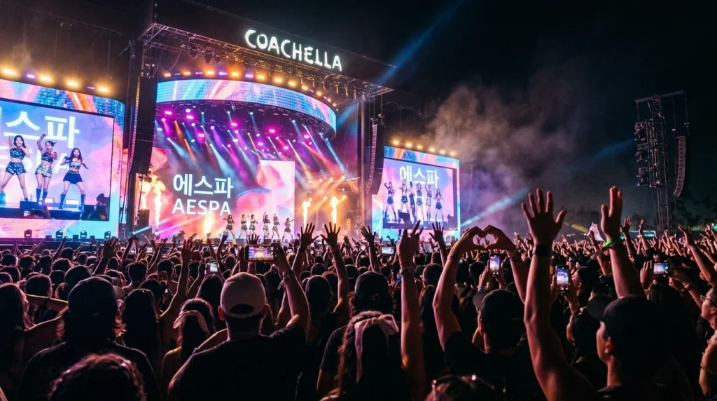 코첼라 야외 무대에서 K팝 공연 관람하는 관객들