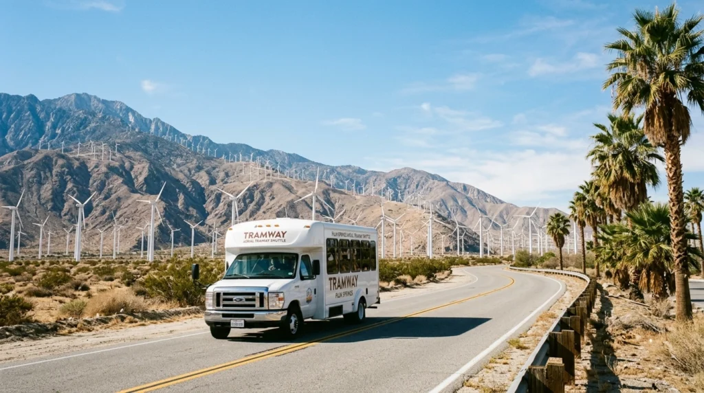 팜스프링스 풍차 앞 사막 도로를 지나가는 셔틀버스