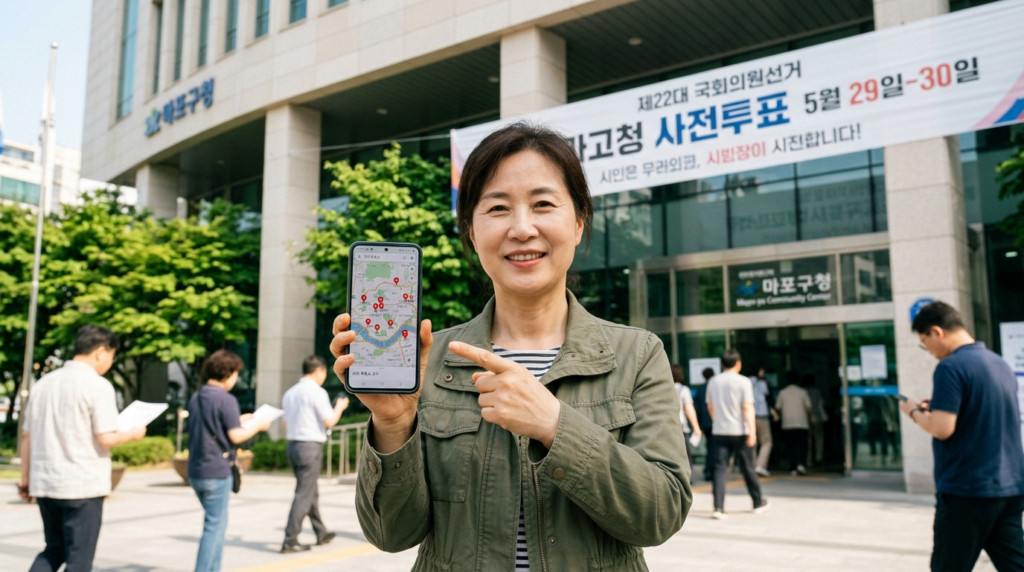스마트폰 지도 앱에서 2026 지방선거 사전투표소 위치 확인하는 시민