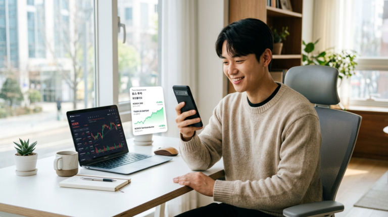 토스 투자 앱으로 ETF 종목과 수익 차트 확인하는 젊은 투자자