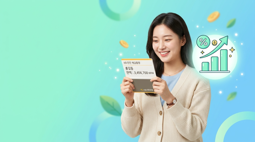 청년미래적금 조건 적금 통장 보며 미소짓는 젊은 한국인 금융 성장 차트 배경
