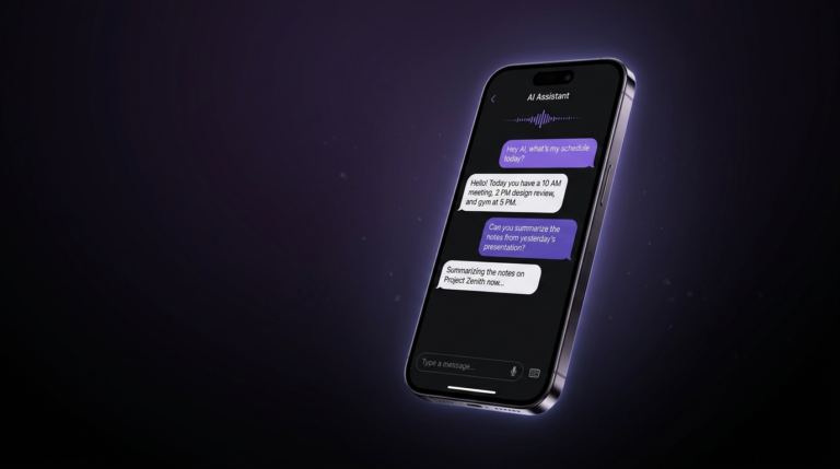 다크 퍼플 배경에 플로팅하는 iPhone 17 Pro AI 어시스턴트 인터페이스