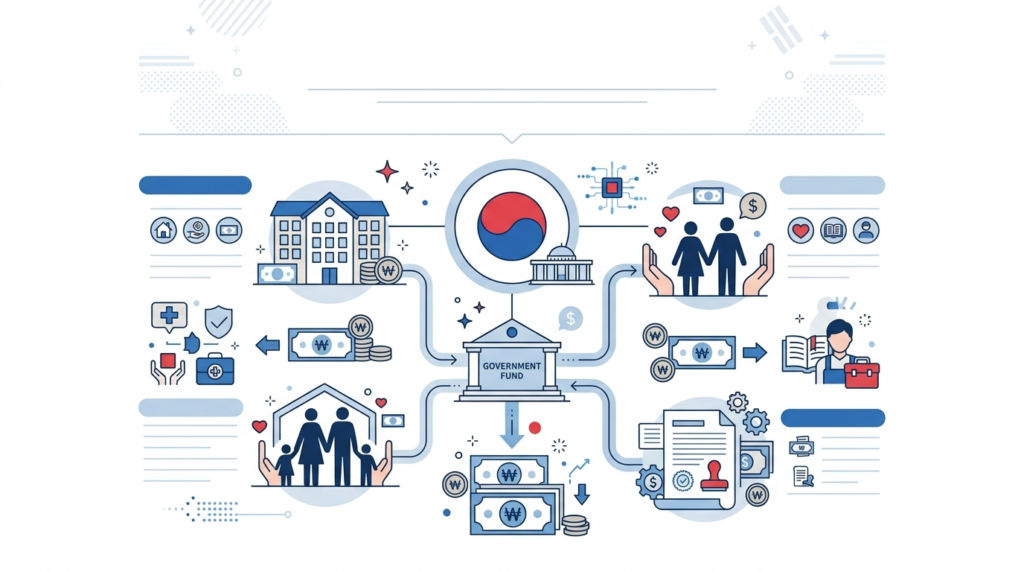 정부 지원금 정책 인포그래픽 돈 서류 가족 집 아이콘