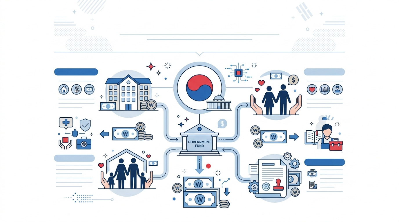 정부 지원금 정책 인포그래픽 돈 서류 가족 집 아이콘