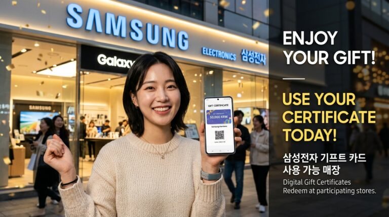 삼성전자 매장 앞에서 디지털 상품권 앱 보여주는 행복한 한국인 고객