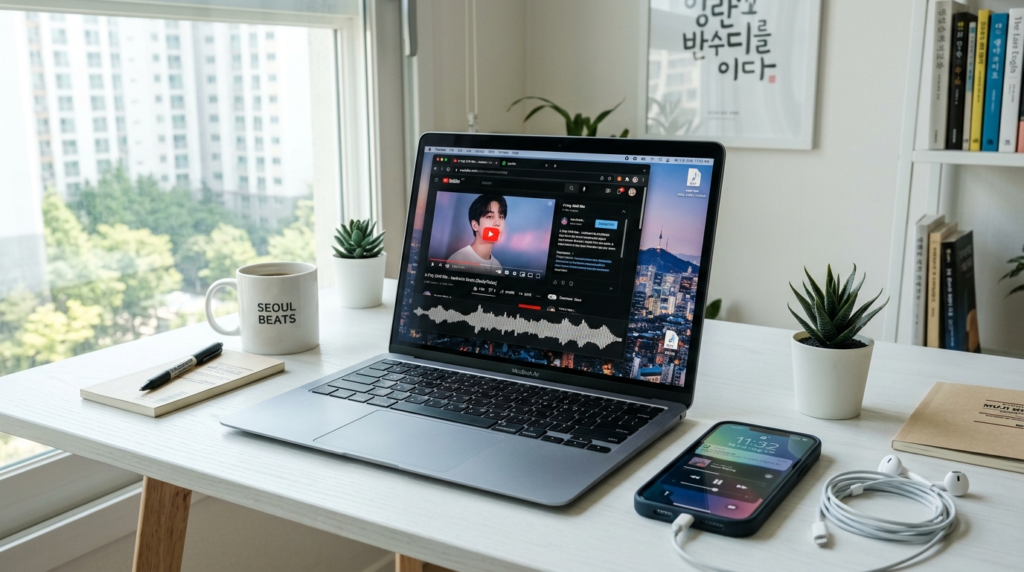 유튜브 영상을 MP3 음원으로 변환하는 노트북 화면과 헤드폰