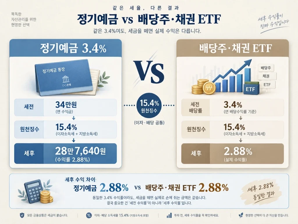 세후 수익률 계산 비교 카드 좌 '정기예금 3.4%' 카드 + 우 '배당주·ETF' 카드